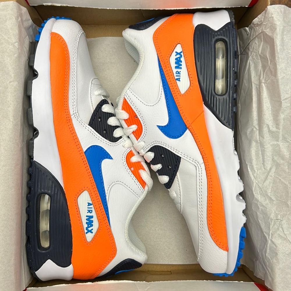 Nike Air Max 90 LTR (GS) White, Blue, Orange - Size 5Y (Youth)/6.5 Women’s